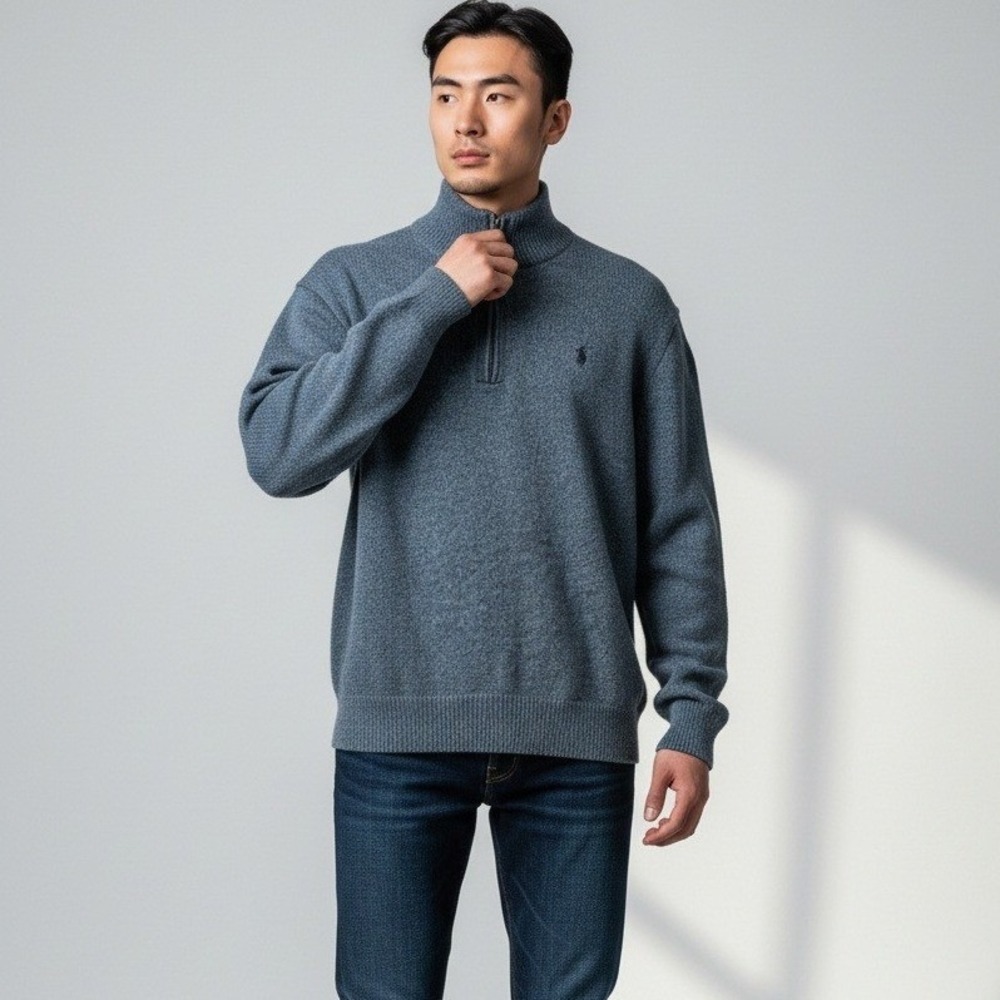 Polo Ralph Lauren Mens Quarter Zip Sweater Blue Grey Heather L Pony Logo 0817
